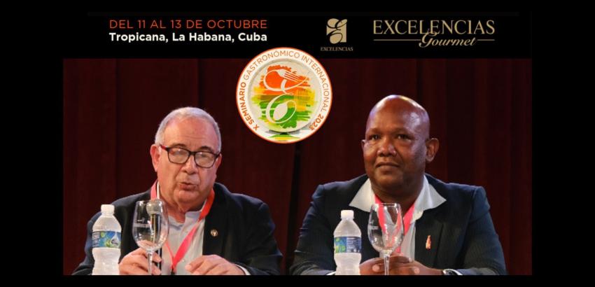 En la foto: presidente de honor de la ACC, José Rafa Malém y Eddis Naranjo, actual Presidente de la ACC durante la presentación de a ponencia en el marco del  X Seminario Gastronómico Internacional Excelencias Gourmet